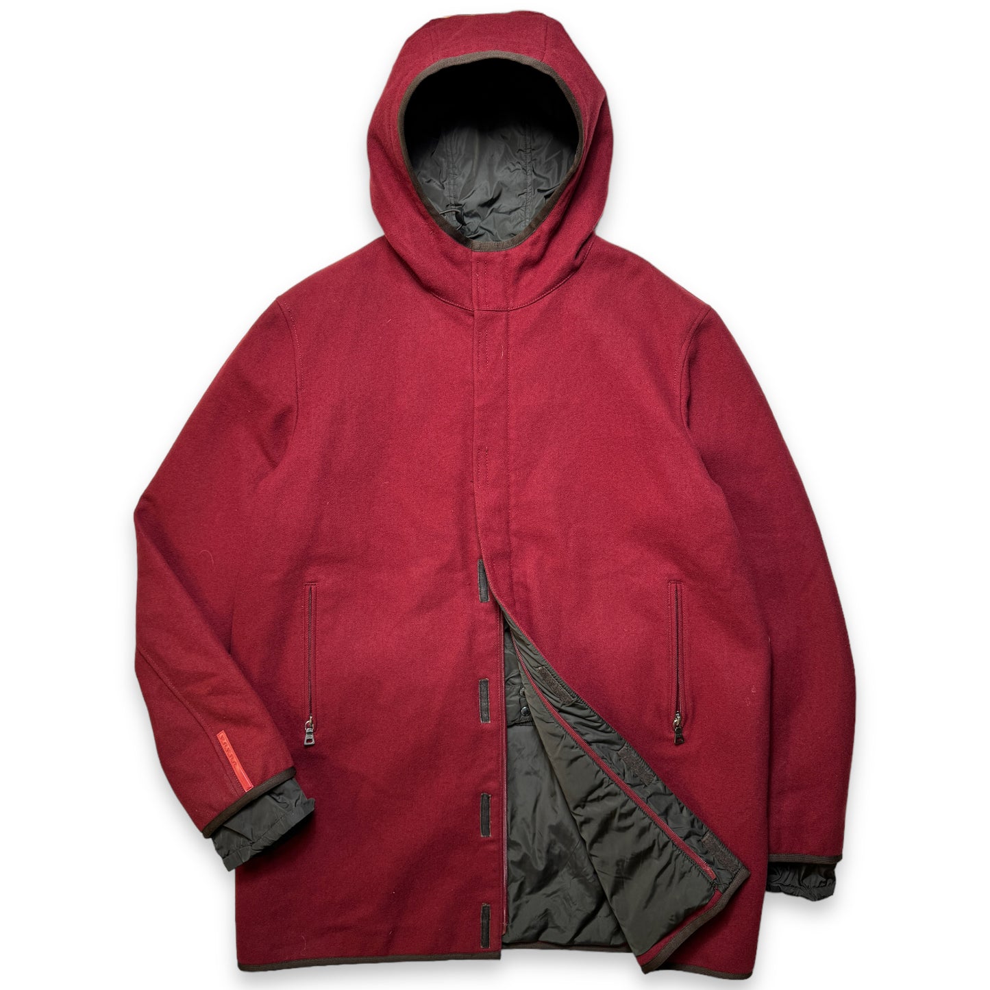 Early 2000's Prada Sport Burgundy Wool Hooded Trench Jacket - Large / Extra Large