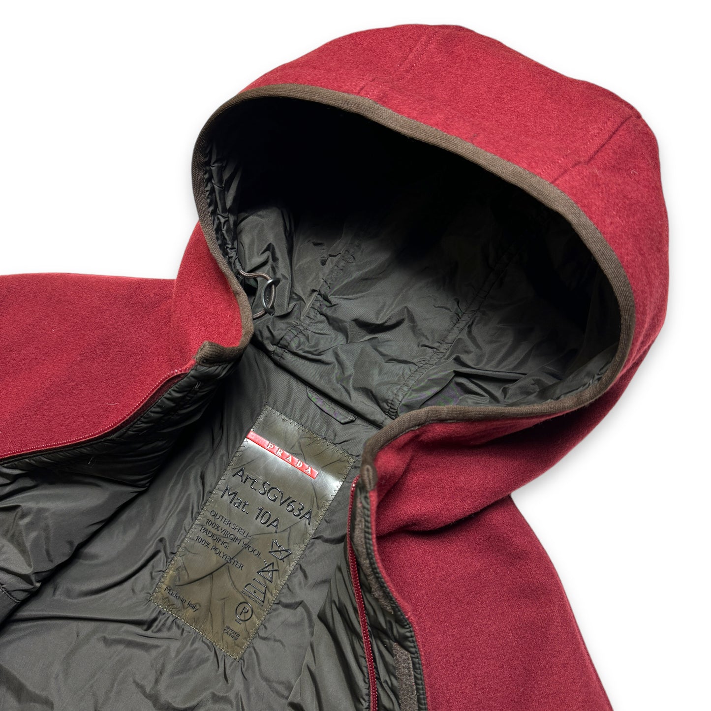 Early 2000's Prada Sport Burgundy Wool Hooded Trench Jacket - Large / Extra Large