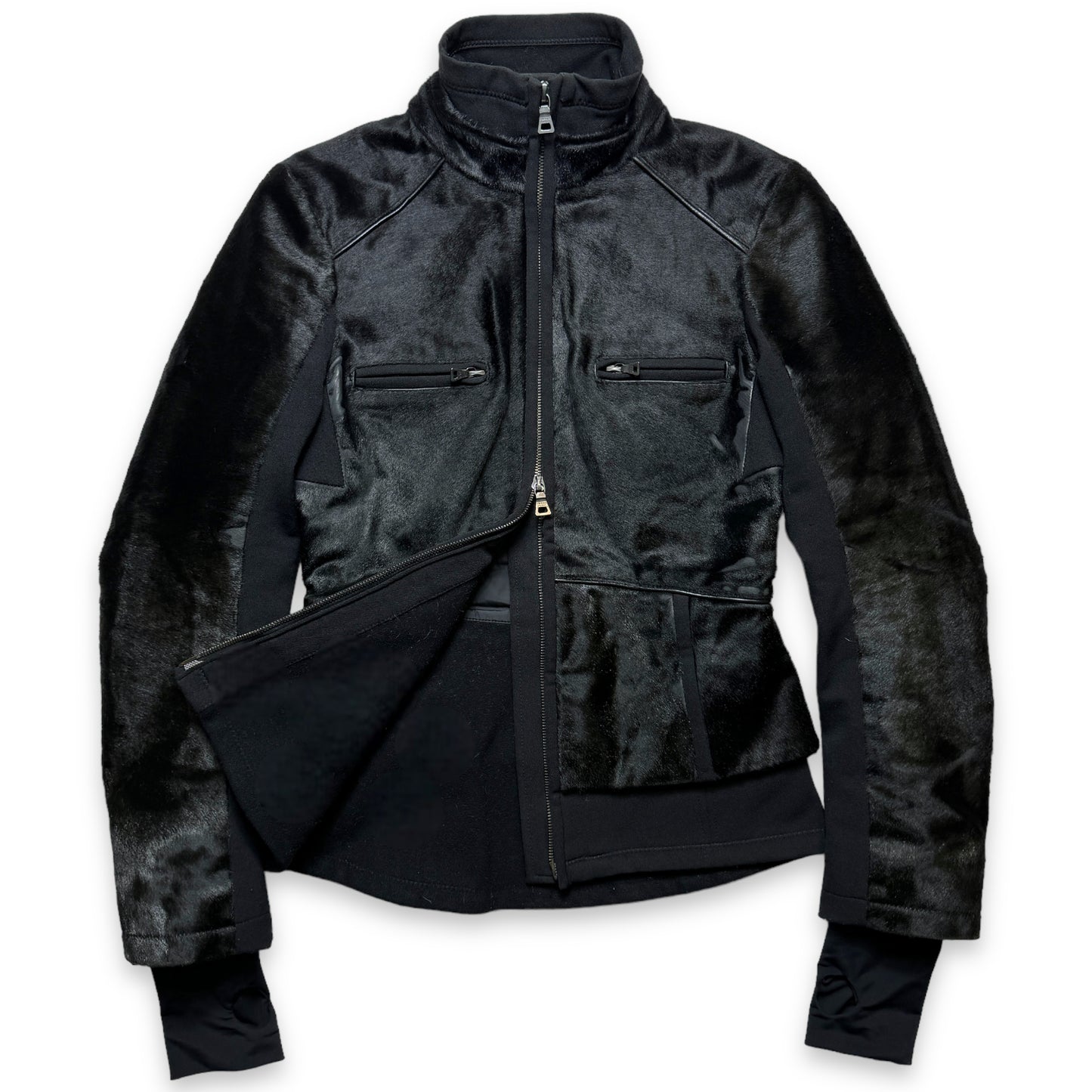 Début des années 2000 Prada Mainline Dyed Kid Fur Jet Black Jacket - Femmes 6-8