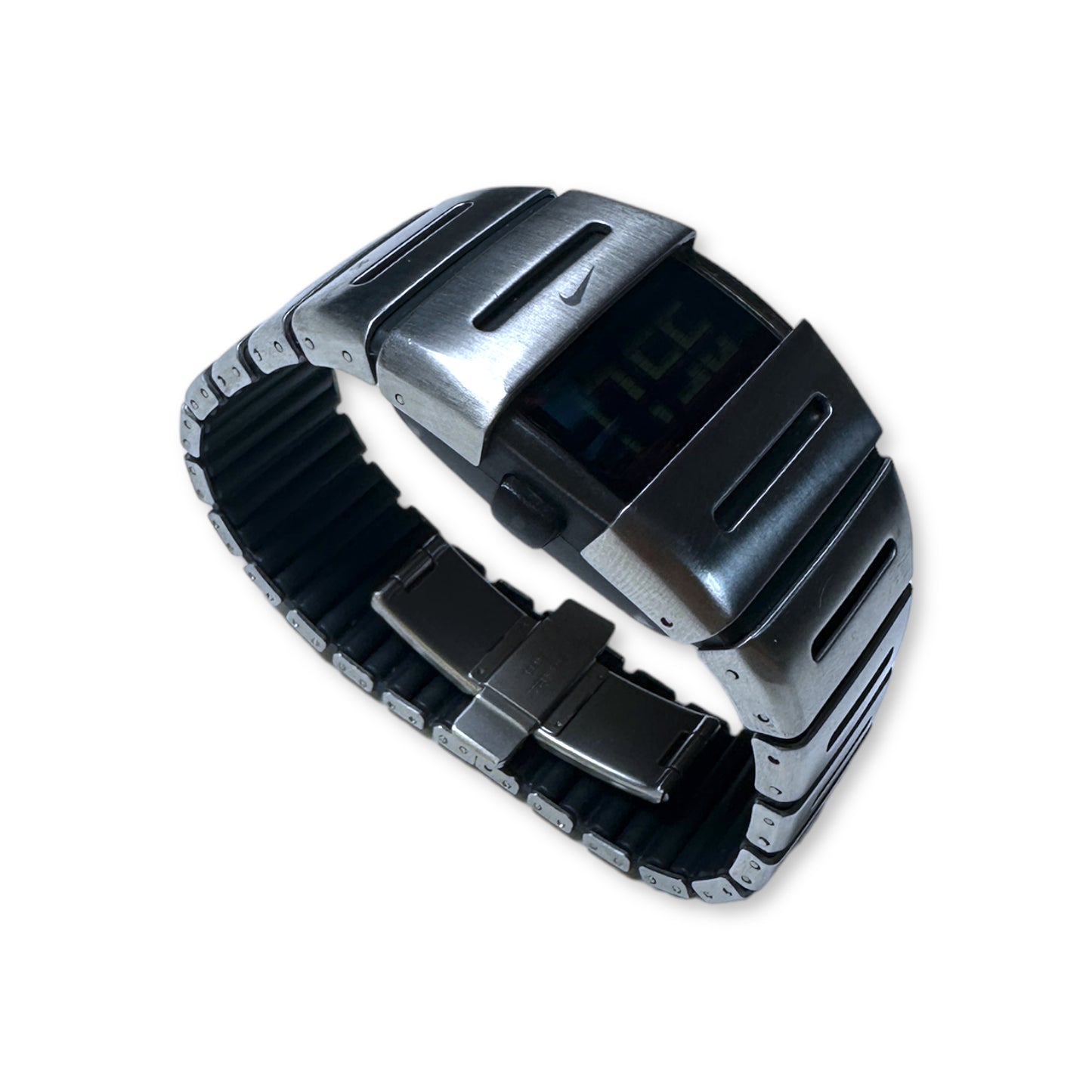 Montre numérique Nike D-Line argent/noir Ron en acier inoxydable du début des années 2000