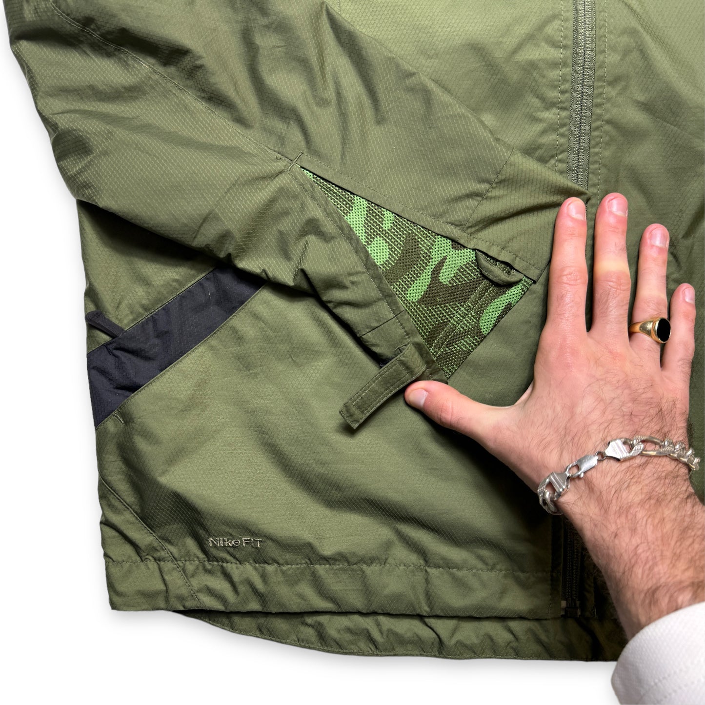 Early 2000's Nike Khaki Green Panelled Double Pocket Technical Jacket - Large