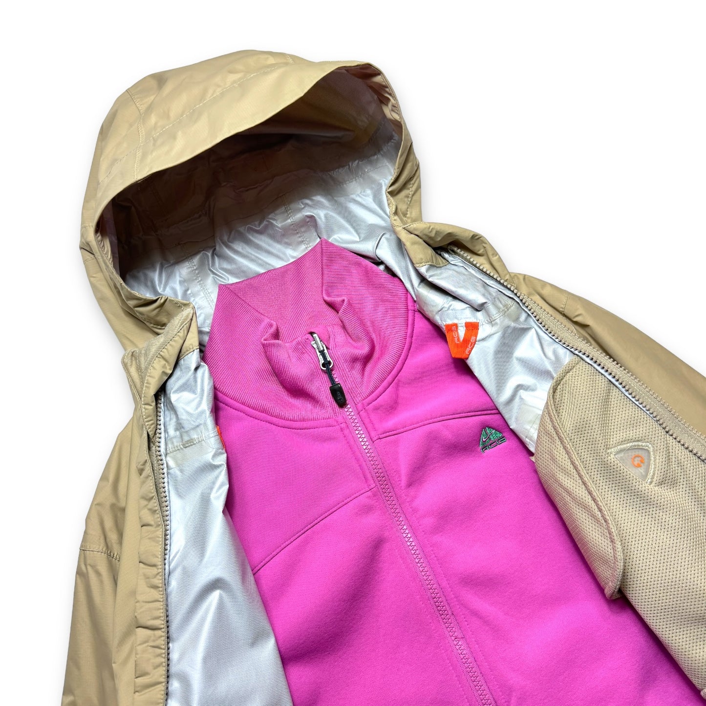 Early 2000's Nike ACG 2in1 Beige/Fluorescent Pink Tri-Pocket Jacket - Small / Medium