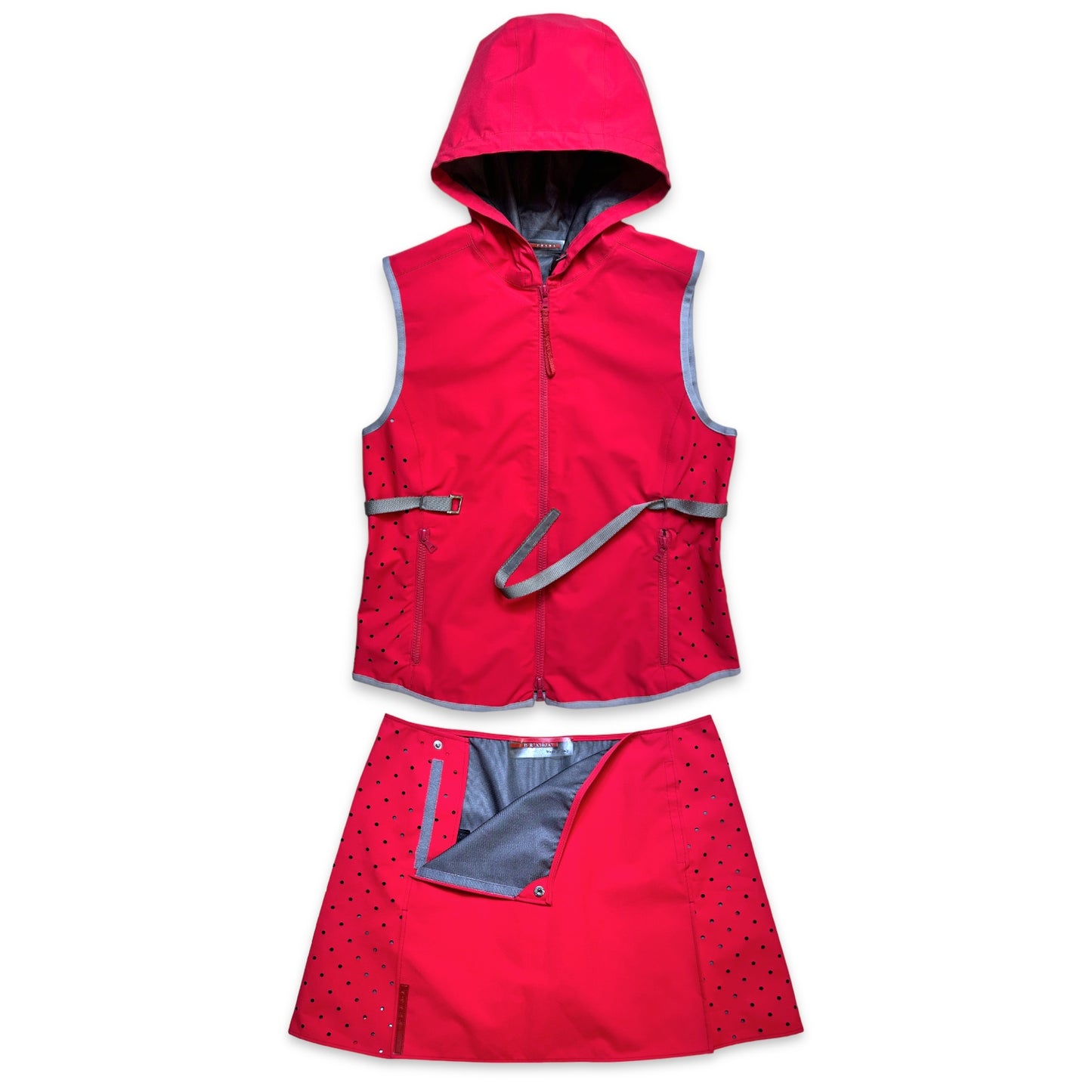 SS00' Prada Bright Fluorescent Pink Hooded Vest & Skirt Set - Womens 6-8