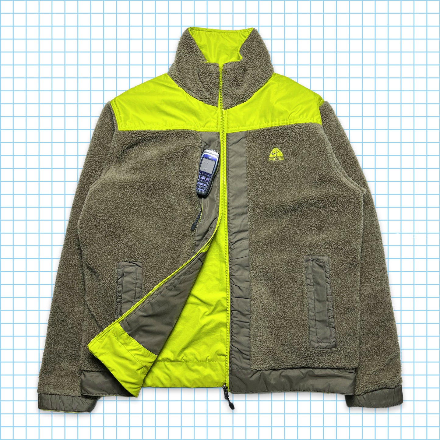 Nike ACG Volt Green Fleece Nylon Reversible Jacket - Extra Large