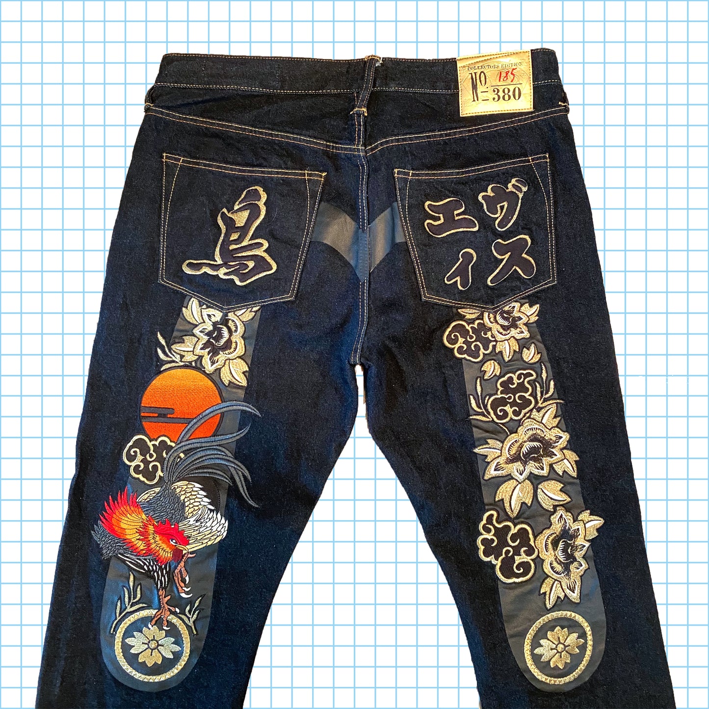 Jean en denim à lisière brodée coq édition 185/380 Evisu Collectors