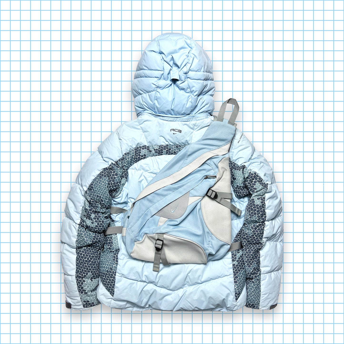 Nike ACG Baby Blue Reptile Hex Panelled Camo Puffer Jacket - Small / Medium