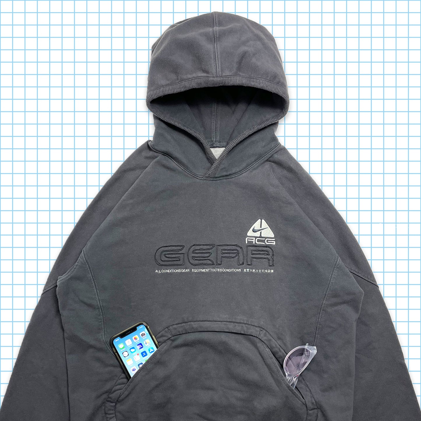 Nike ACG Embroidered Spell Out Washed Grey Hoodie - Medium / Large