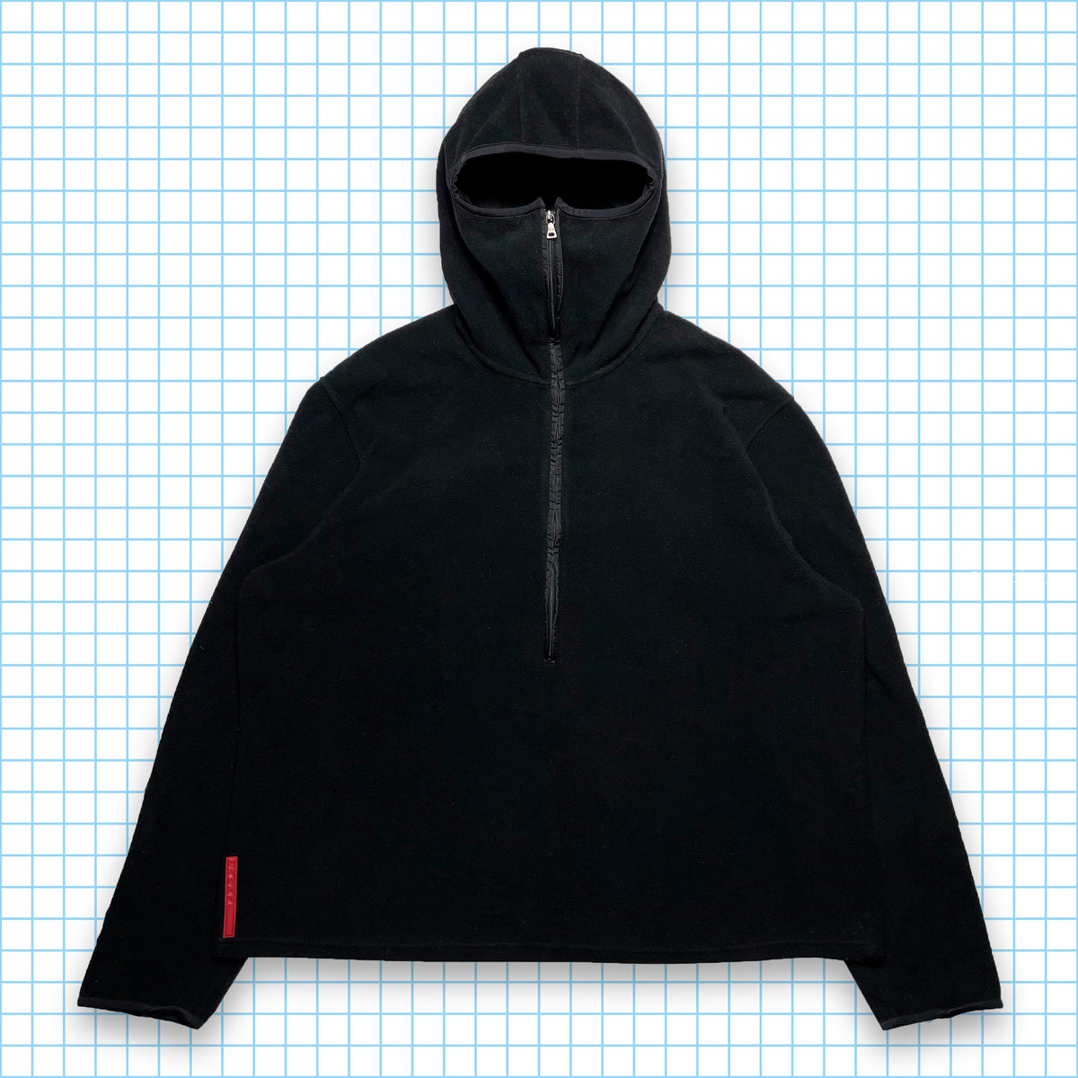 Prada Sport Jet Black Balaclava Half Zip Nylon Panel Fleece