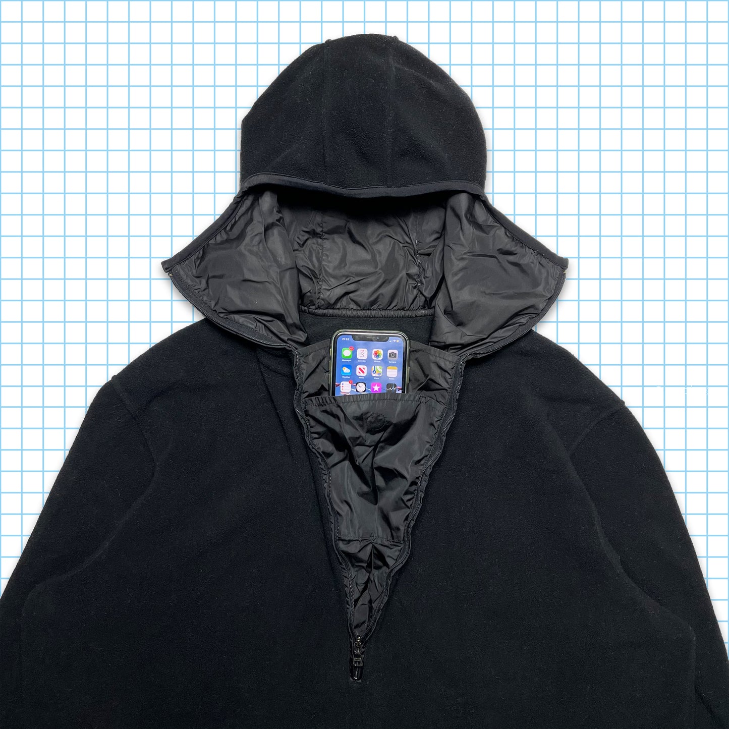 Vintage Prada Jet Black Balaclava Half Zip Nylon Panel Fleece - Extra Large / Extra Extra Large
