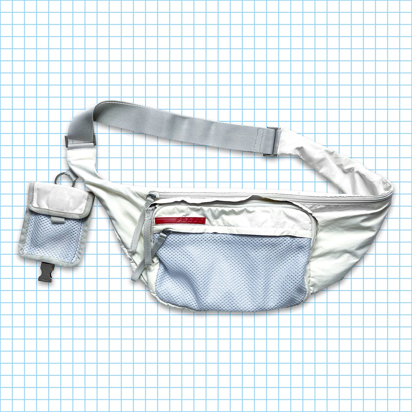 Vintage Prada Sport Off White/Baby Blue Mesh Cross Body & Mini Side Bag Set