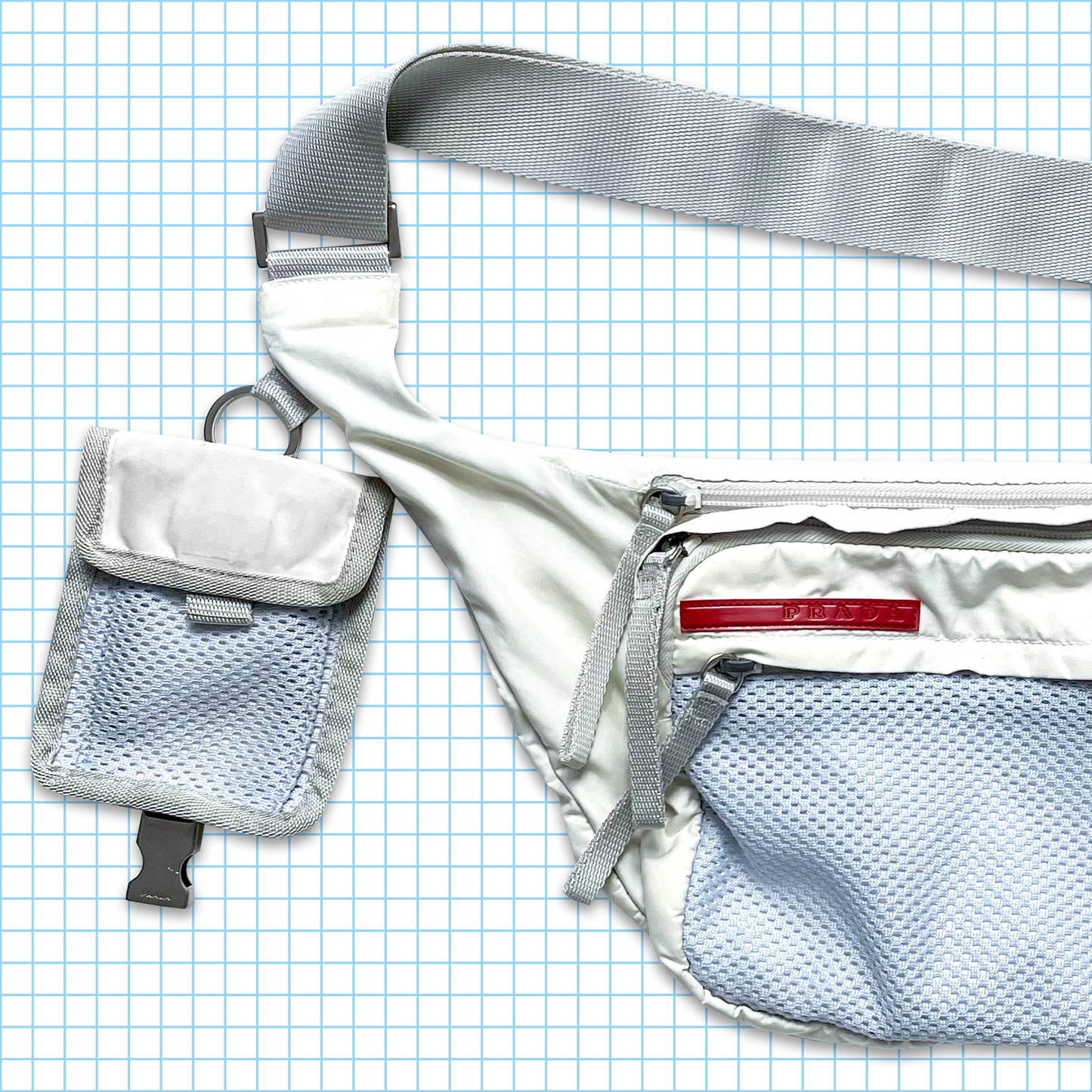 Vintage Prada Sport Off White/Baby Blue Mesh Cross Body & Mini Side Bag Set