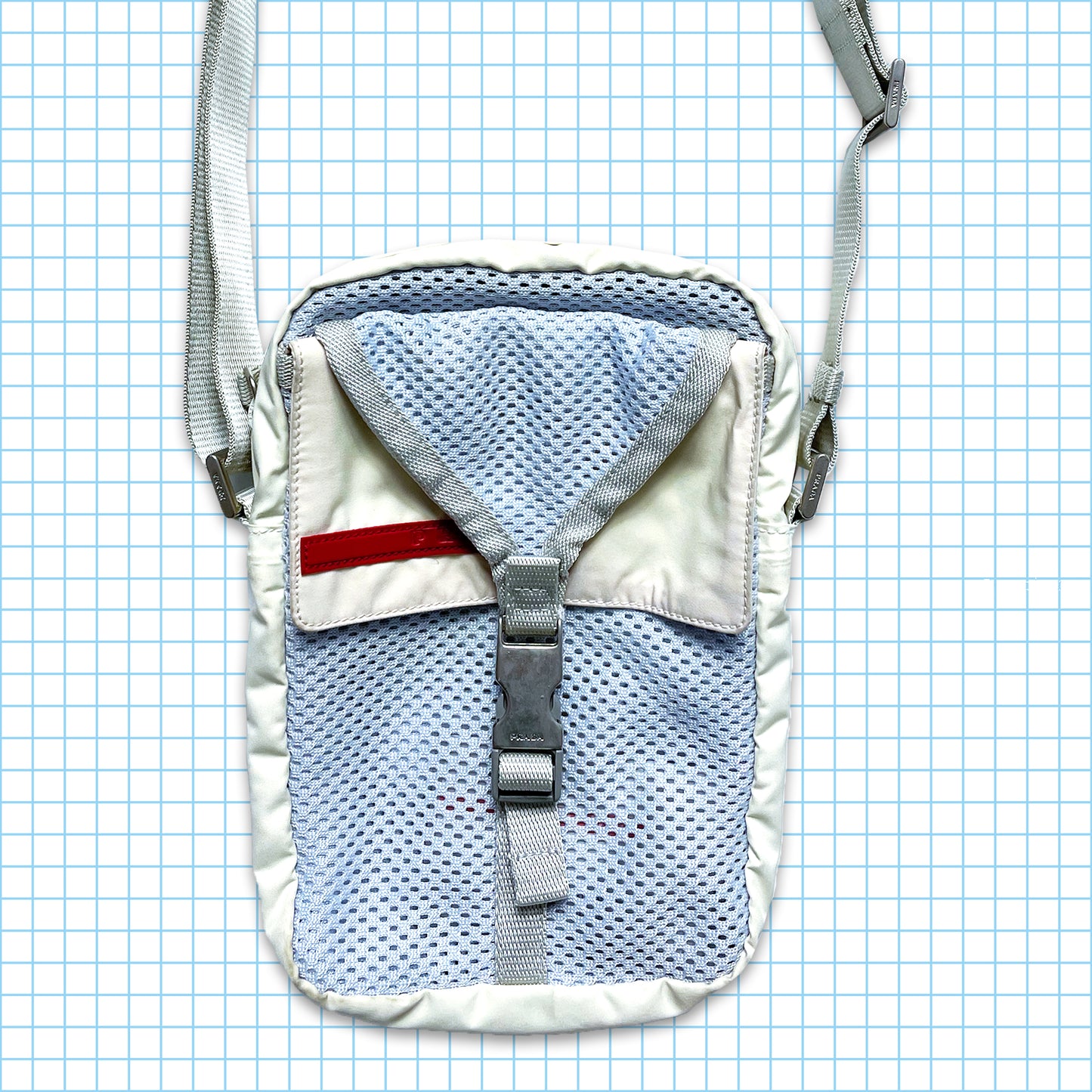 Vintage Prada Sport Off White/Baby Blue Mesh Cross Body & Mini Side Bag Set