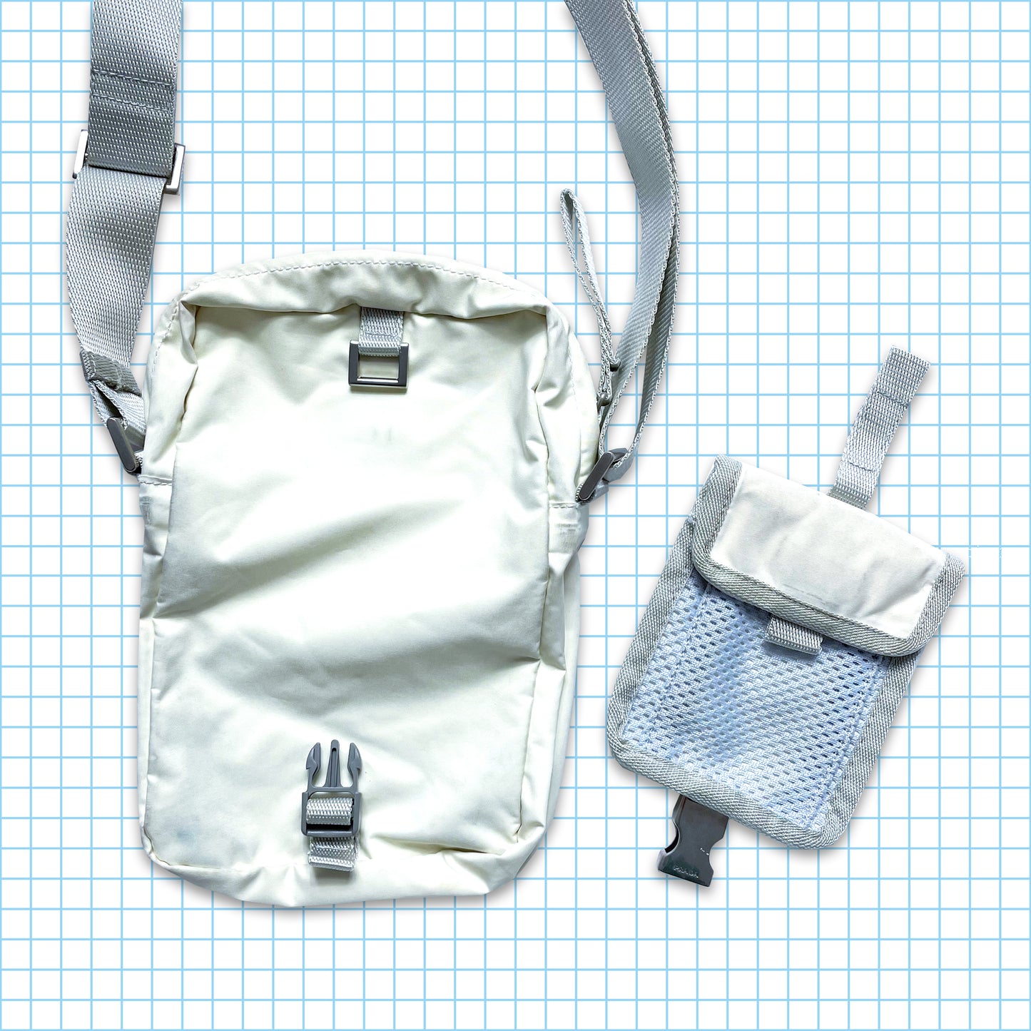 Vintage Prada Sport Off White/Baby Blue Mesh Cross Body & Mini Side Bag Set
