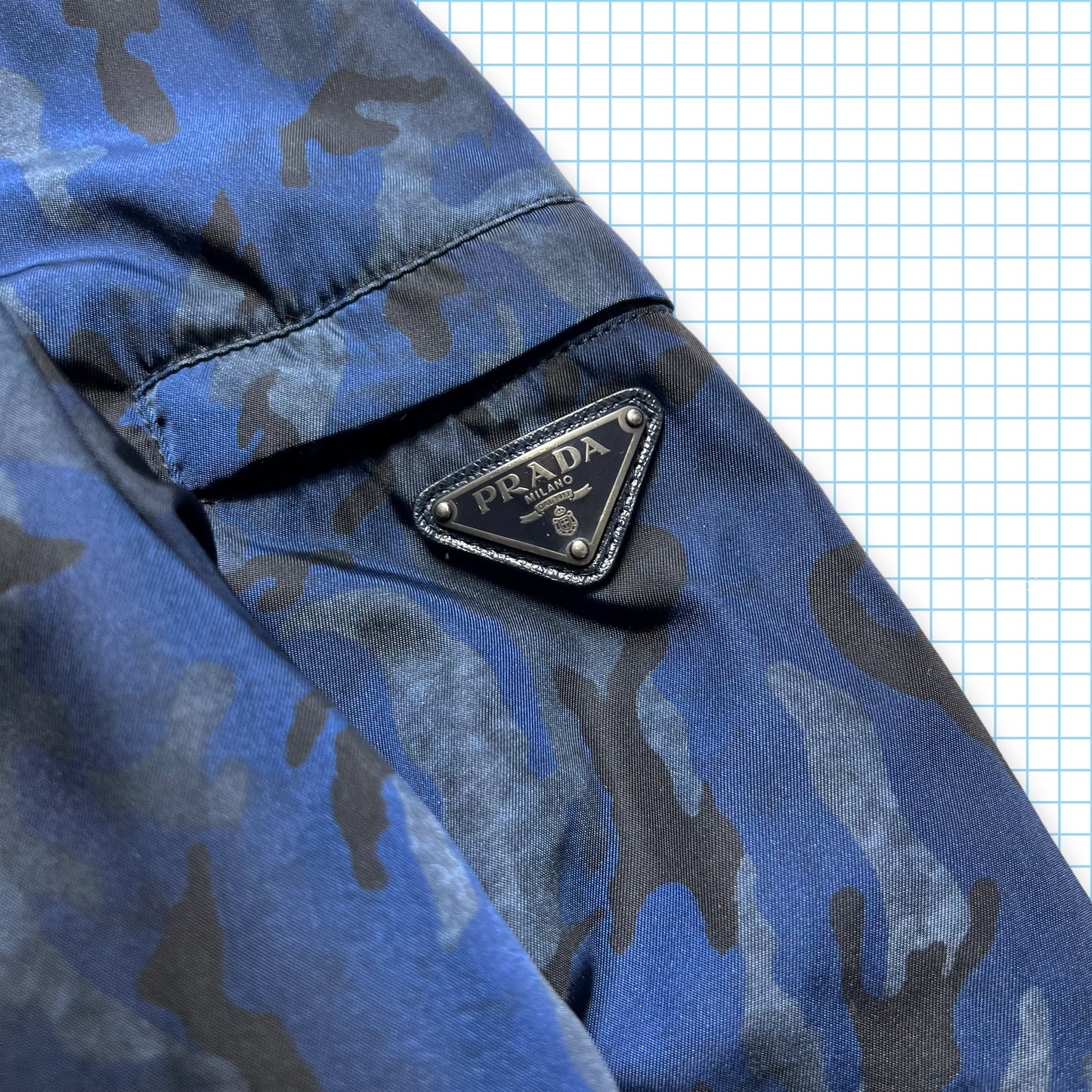 Prada Milano Blue/Grey/Black Camo Padded Nylon Down Jacket - Medium / Large