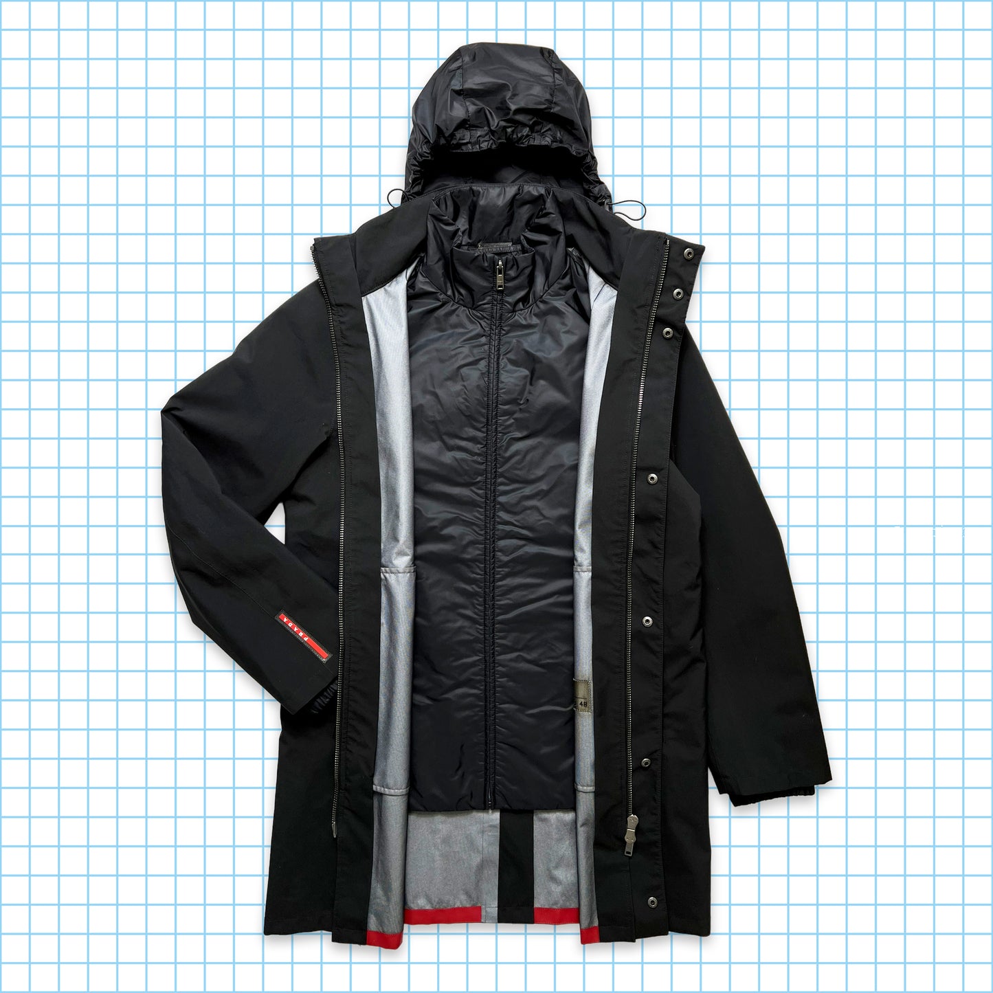 Prada Sport Jet Black 2in1 Trench-coat imperméable à capuche - Moyen