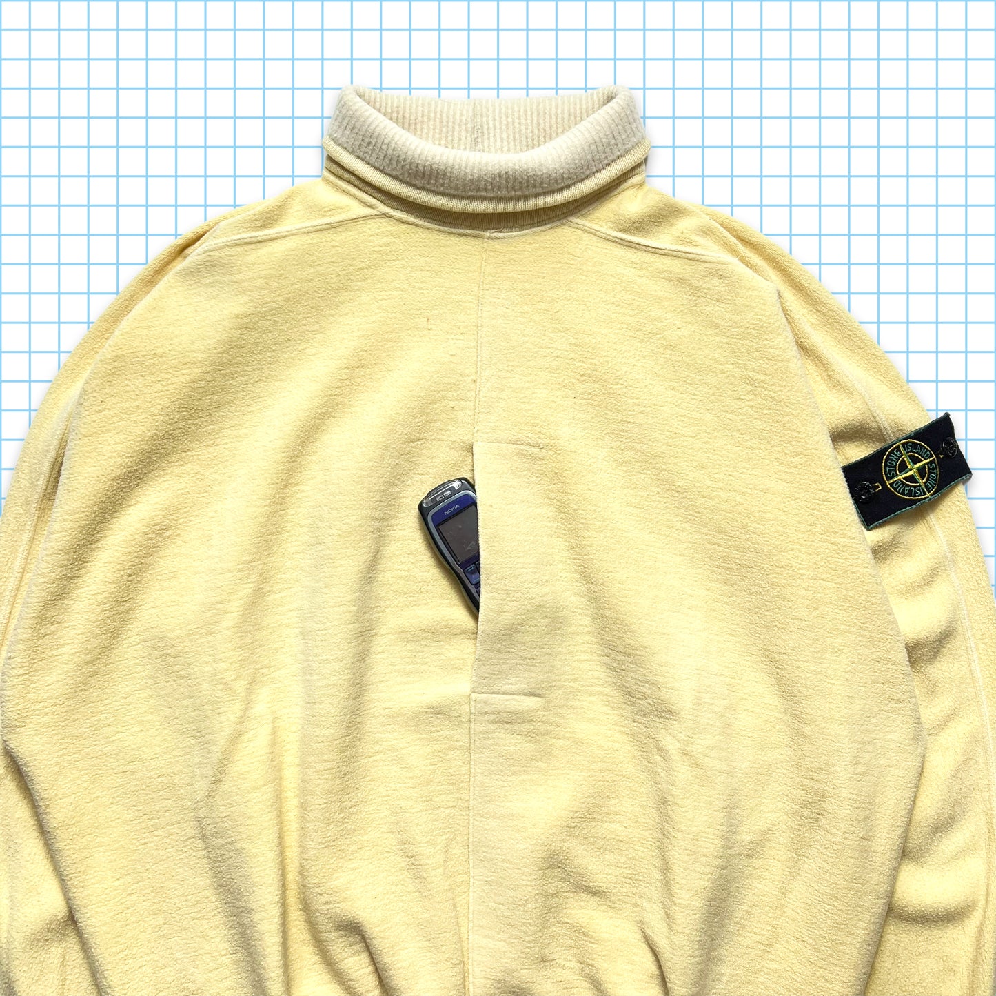 Early 90's Stone Island Light Yellow Stash Pocket Fleece Rollneck - Extra Large
