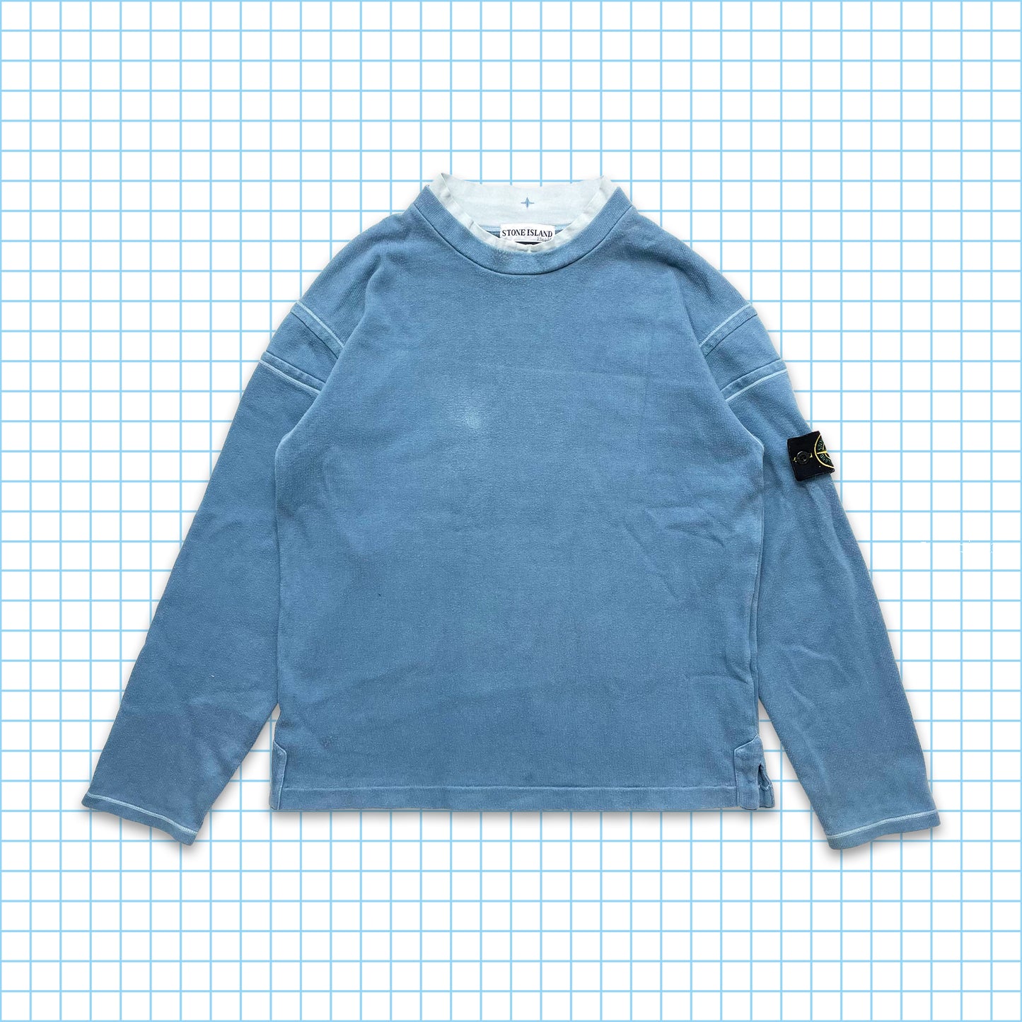 Vintage Stone Island Col Renforcé Bébé Bleu Crewneck SS01'