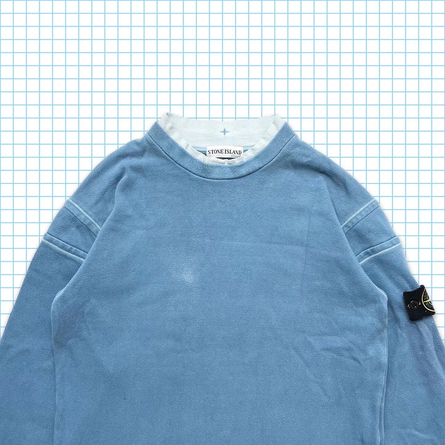 Vintage Stone Island Col Renforcé Bébé Bleu Crewneck SS01'