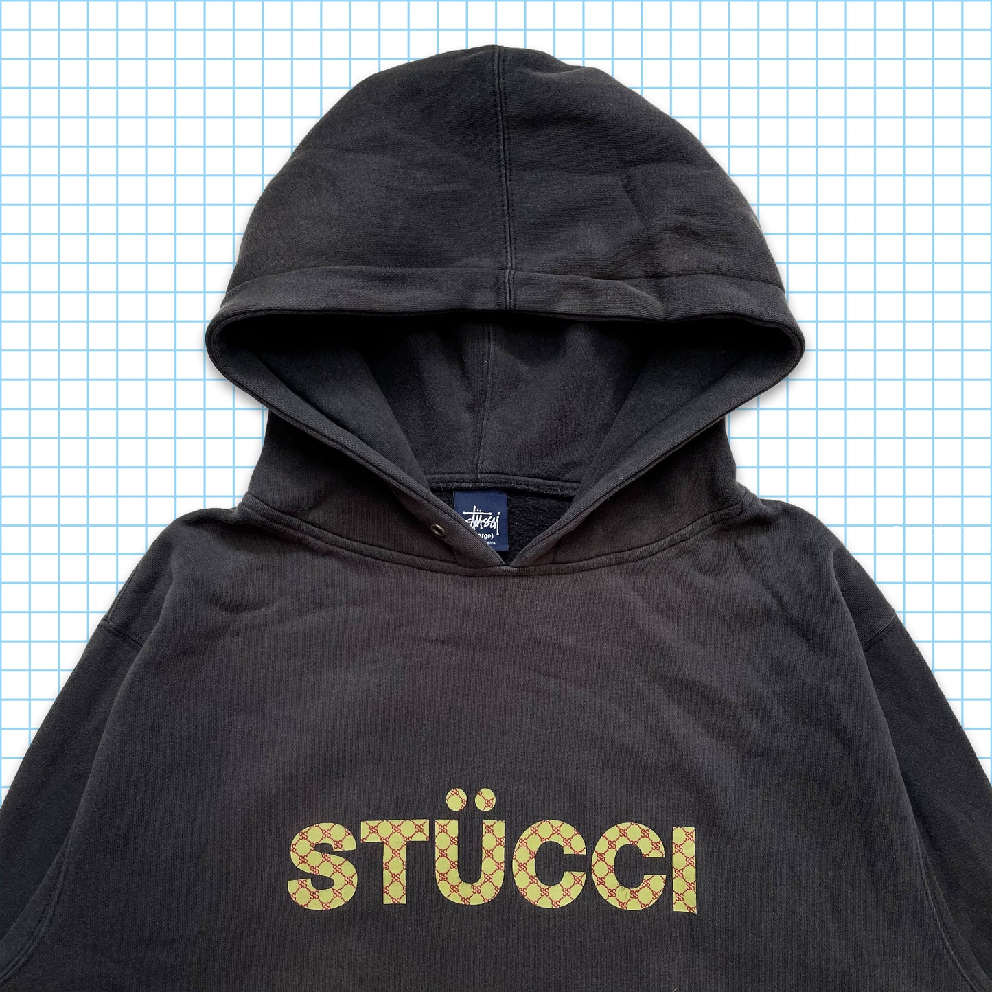 Vintage Stücci Monogram Washed Black Hoodie - Extra Large