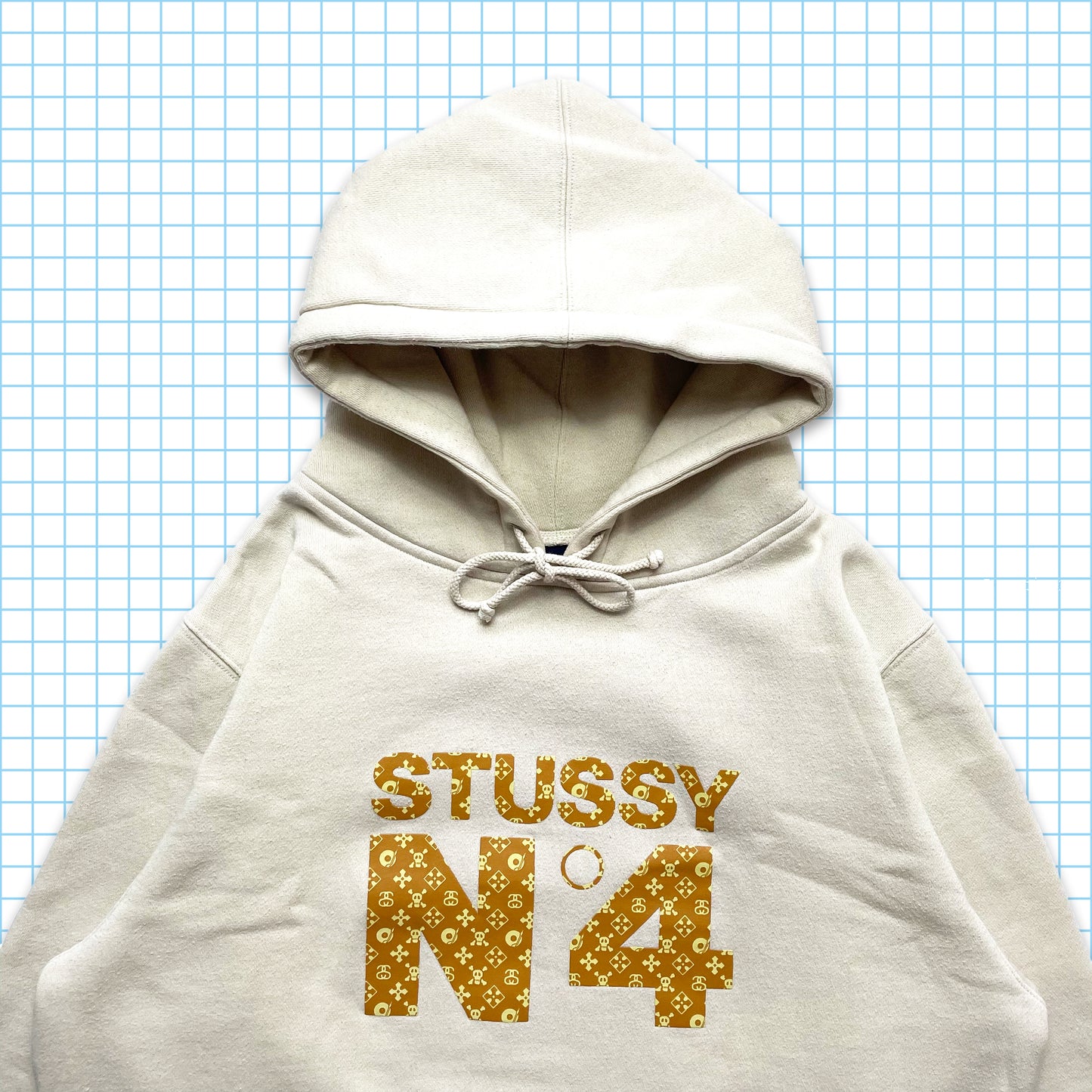Vintage Stüssy Skull & Crossbones Monogram Light Beige Hoodie - Medium / Large