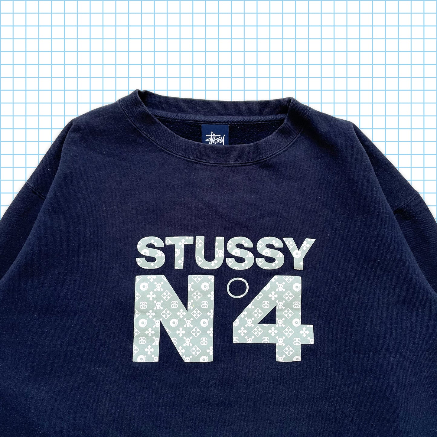Vintage Stüssy Skull & Crossbones Monogram Midnight Navy Crewneck - Medium / Large