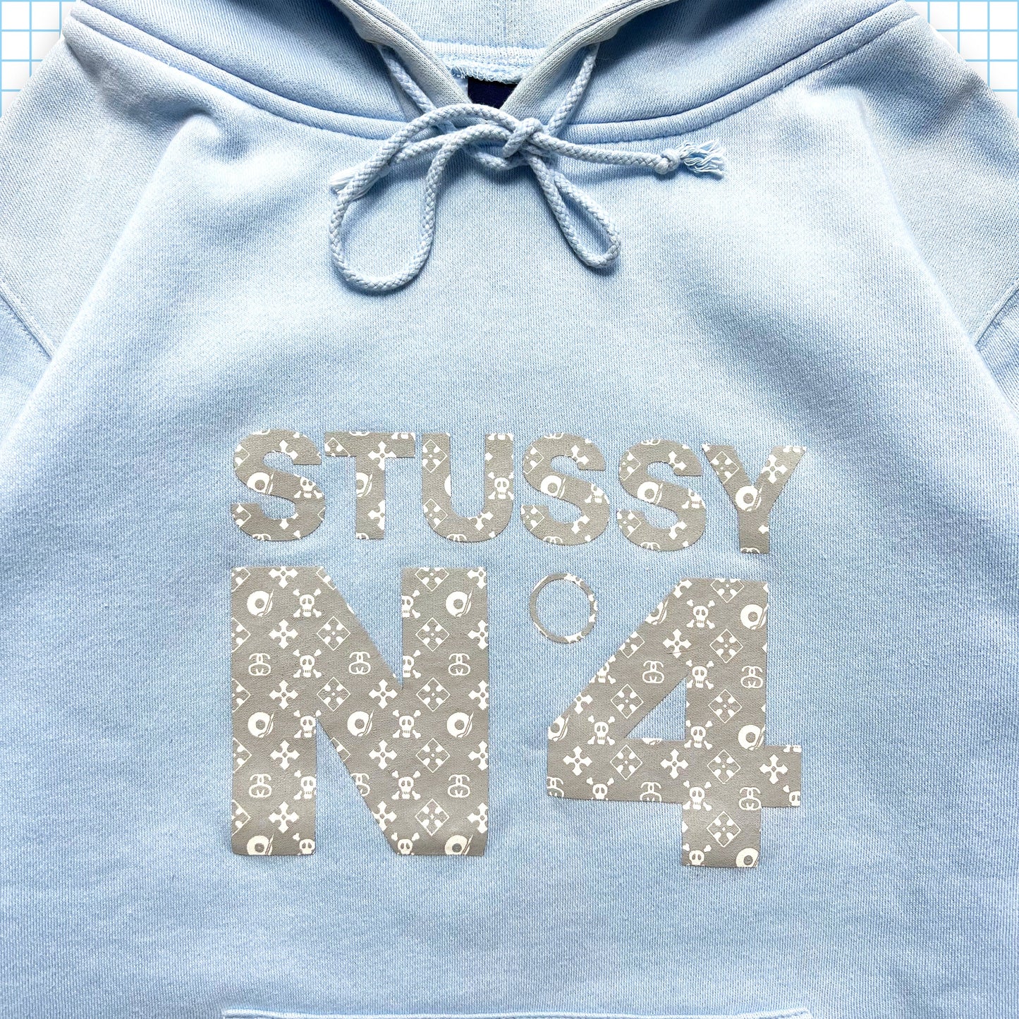 Vintage Stüssy Skull & Crossbones Monogram Baby Blue Hoodie - Medium