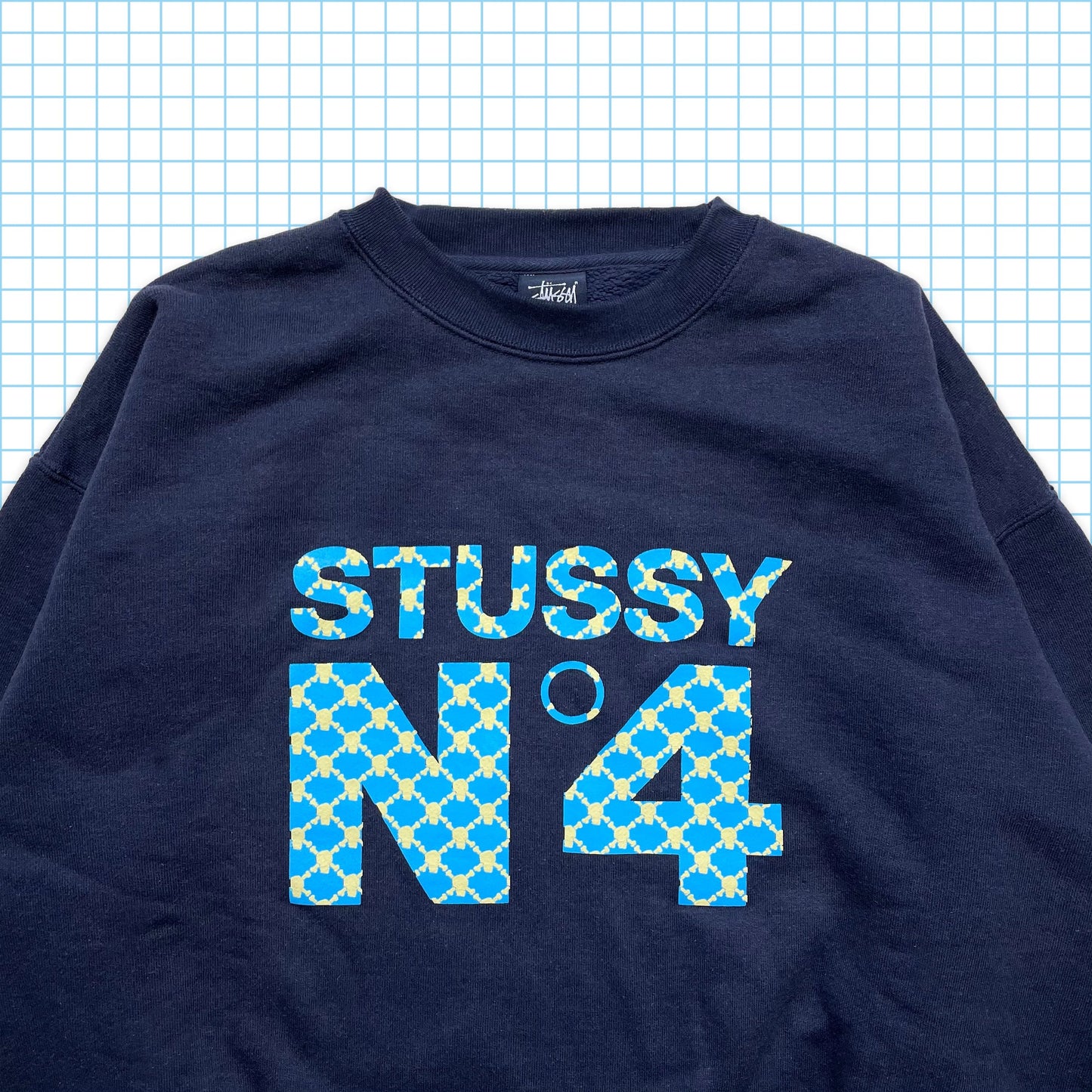 Vintage Stüssy Skull & Crossbones Monogram Midnight Navy Crewneck - Large