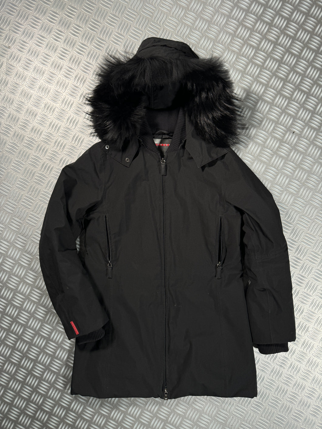 Early 2000’s Prada Sport Jet Black Gore-Tex Padded Jacket w/Fur Trim Hood - Small