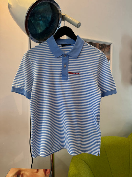 Prada Ocean Blue/White Stripped Polo Shirt - Small / Medium