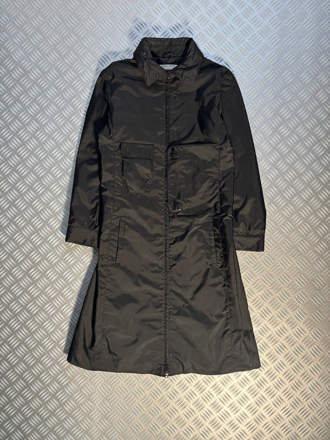 Early 2000's Miu Miu Jet Black Cargo Pocket Trench Coat