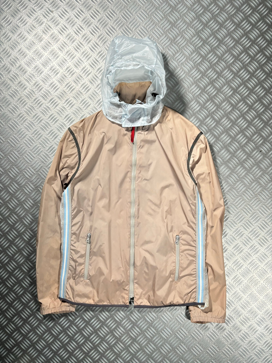 SS00’ Prada Sport Beige Side Stripe Semi-Transparent Back Hooded Jacket