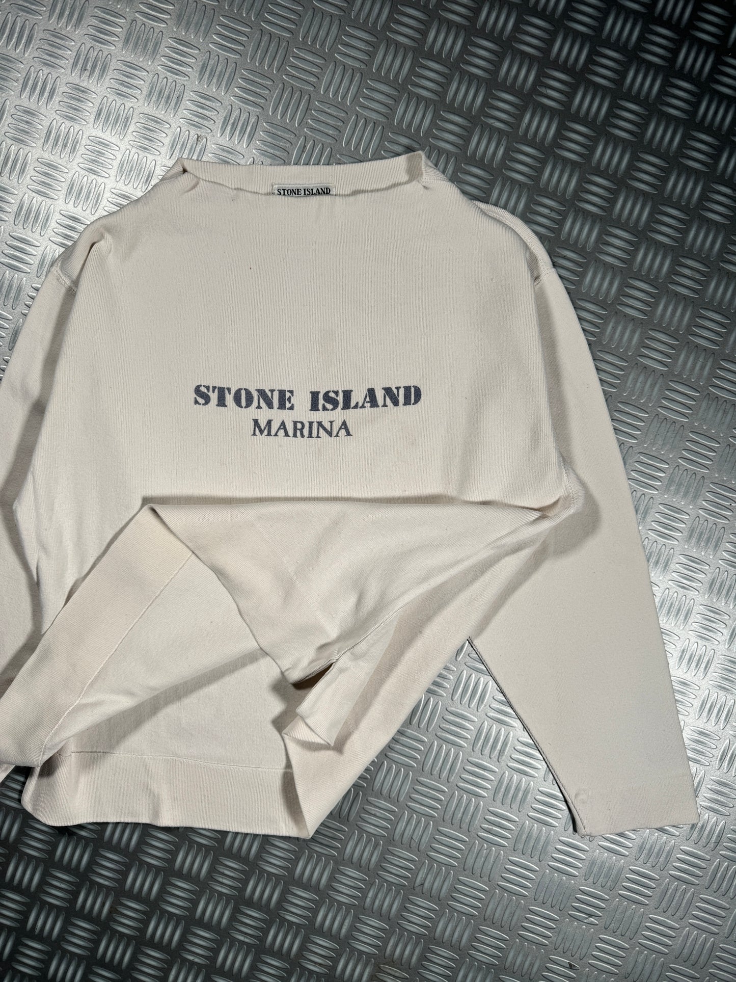 1980's Stone Island Marina Ribbed Cotton Spellout Sweater