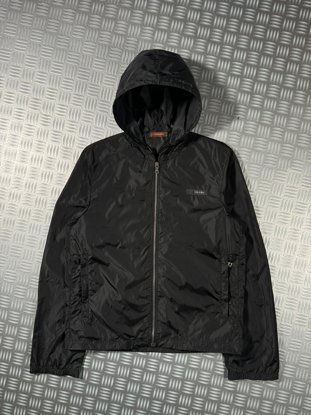 Early 2000's Prada Jet Black Spellout Nylon Jacket - Small / Medium