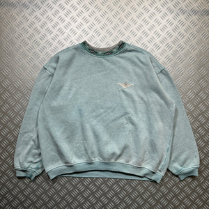 1980's Stüssy Tribal Washed Teal Graphic Sweater - Small