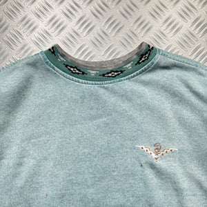 1980's Stüssy Tribal Washed Teal Graphic Sweater - Small