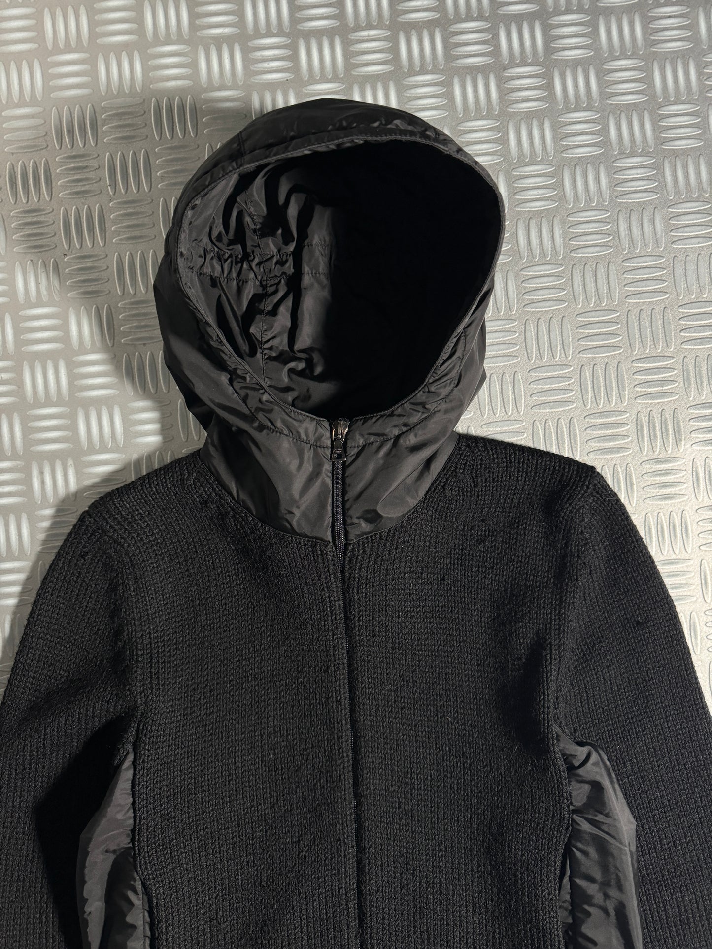 Early 2000's Prada Sport Jet Black Padded Nylon/Knit Zipped Jacket - Small