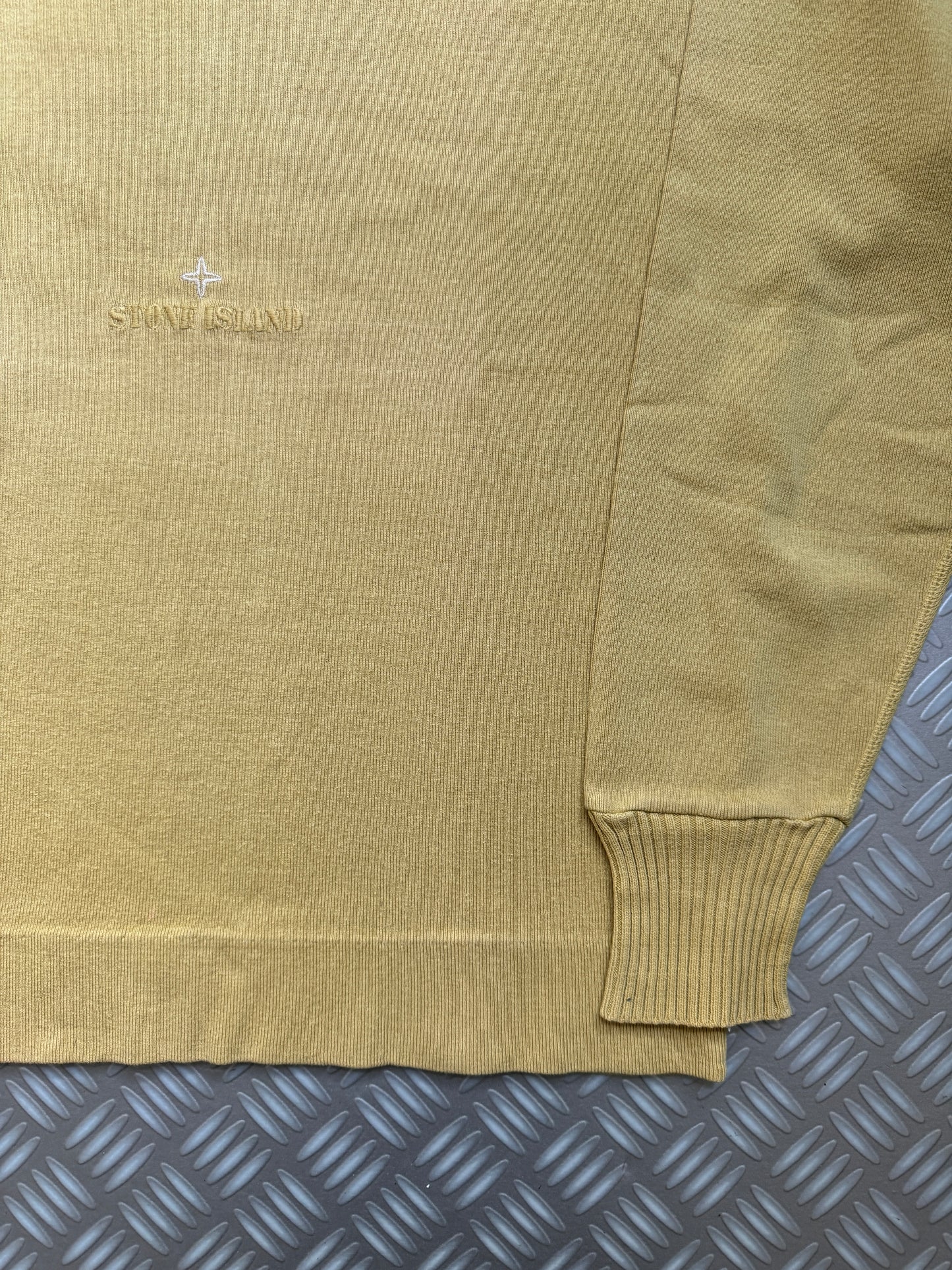 Late 1990's Stone Island Mustard Yellow Ribbed Cotton Spellout Crewneck