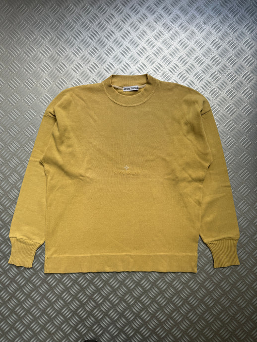 Late 1990's Stone Island Mustard Yellow Ribbed Cotton Spellout Crewneck - Large