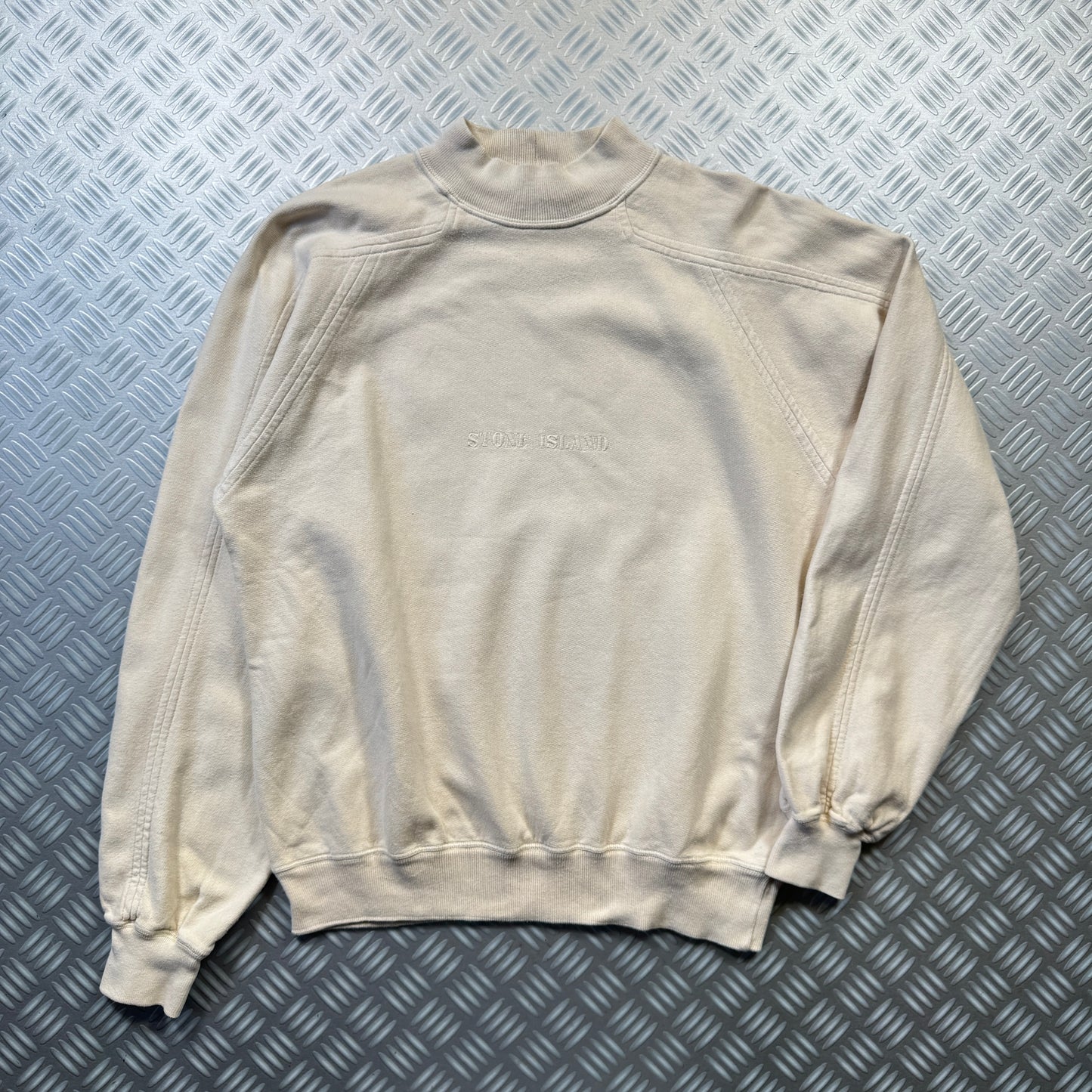 Stone Island Late 1990's Off White Spellout Crewneck