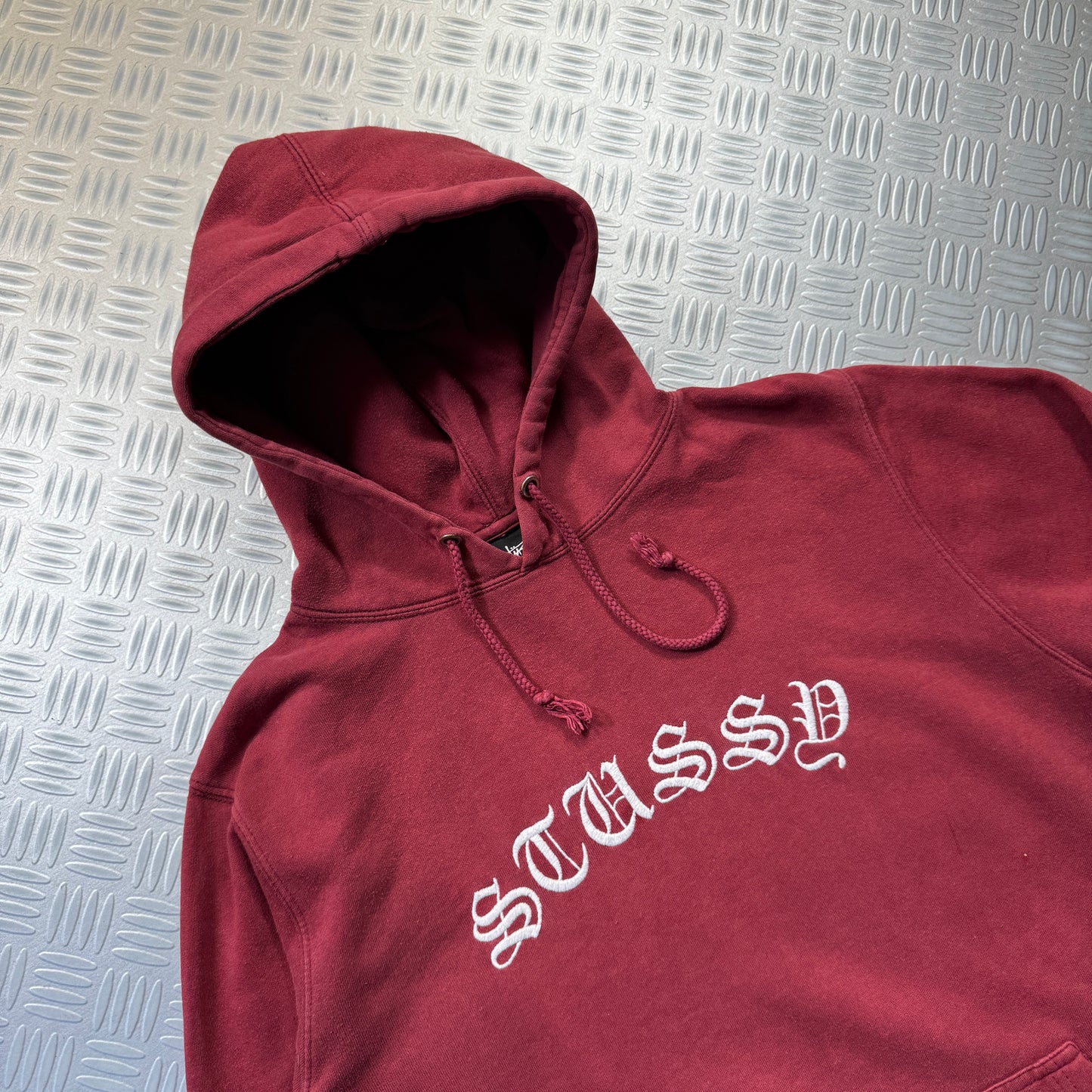 Early 2000's Stüssy Spellout Burgundy Hoodie - Medium / Large