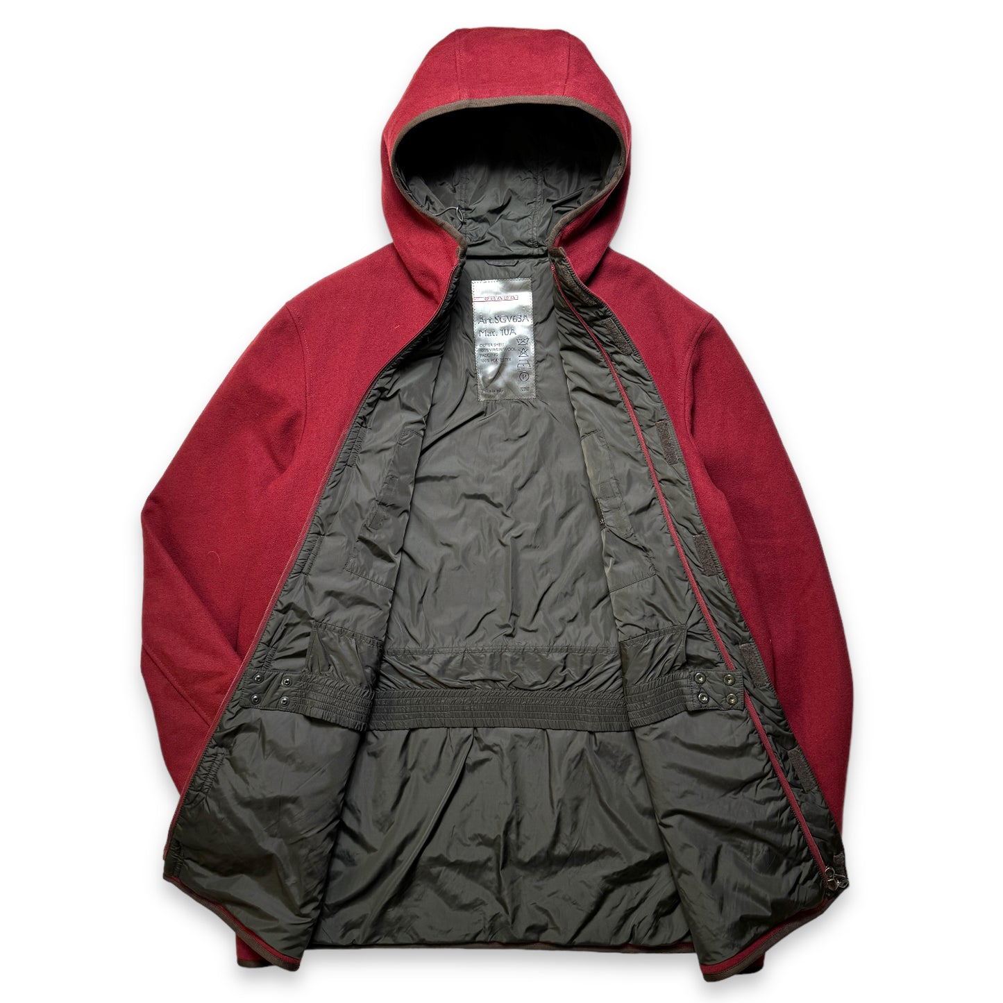 Early 2000's Prada Sport Burgundy Wool Hooded Trench Jacket - Large / Extra Large