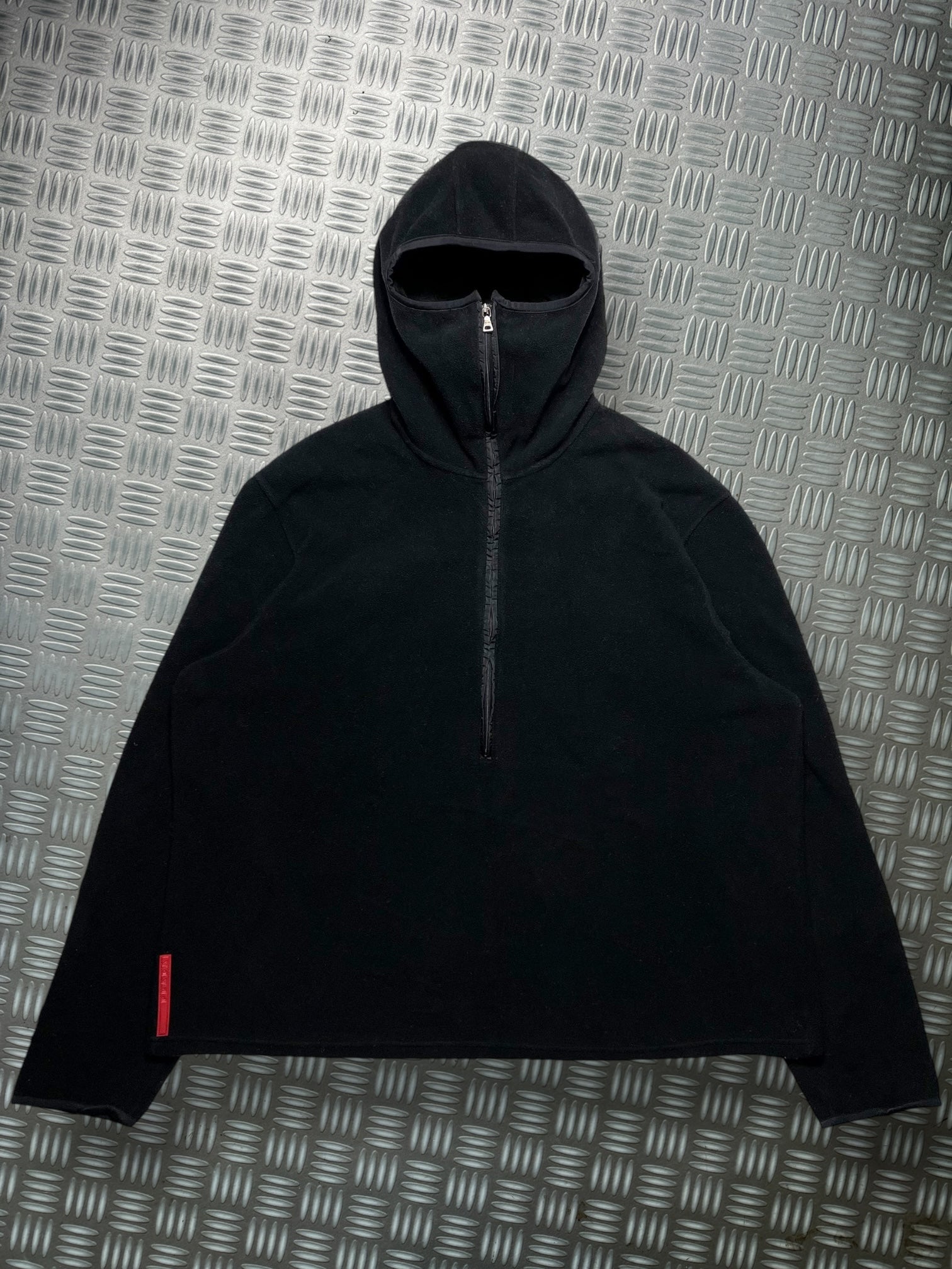 Early 2000 s Prada Sport Jet Black Balaclava Half Zip Nylon Panel Fleece Medium Extra Large