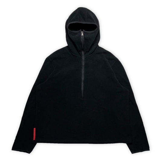 SS00' Prada Sport Jet Black Balaclava Demi-Zip Panneau En Nylon Polaire - Extra Large
