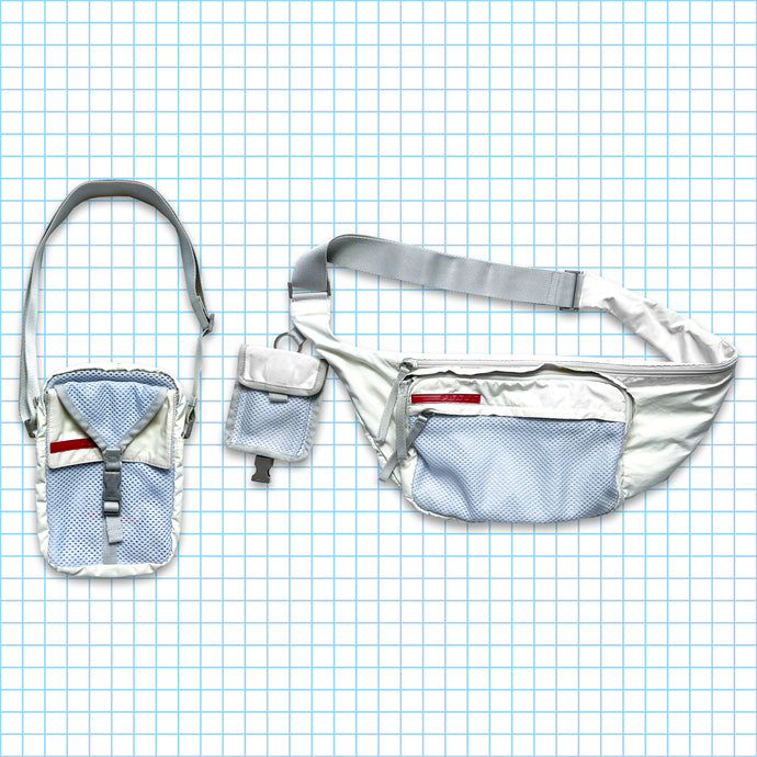 vintage Prada Sport Off White / Baby Blue Mesh Cross Body & Mini Sac Latéral Ensemble