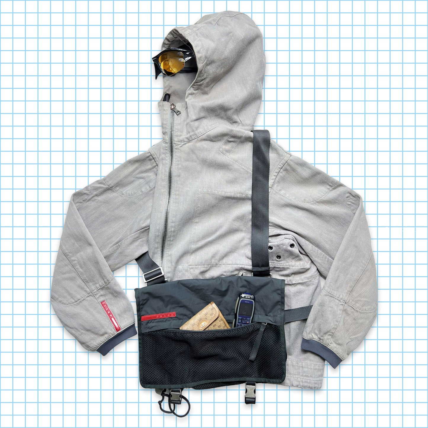 Échantillon de veste en denim contrecollé gris clair Prada Sport - Large / Extra Large