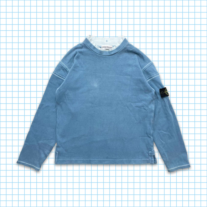 Vintage Stone Island Col Renforcé Bébé Bleu Crewneck SS01'