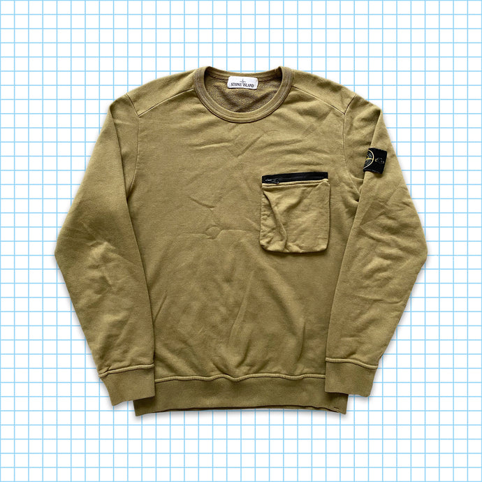 Stone Island カーキ フロント ジップ ポケット クルー - M