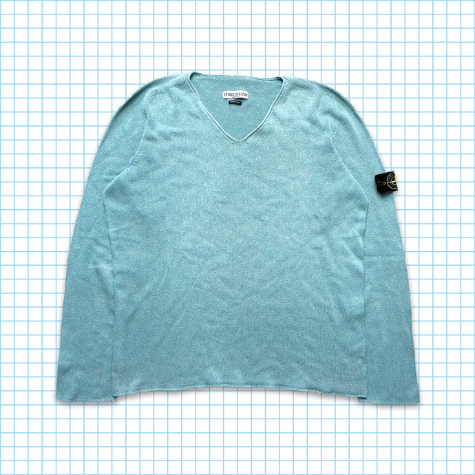 Early 00's Stone Island Knitted Sky Blue V Crewneck - Extra Large / Extra Extra Large