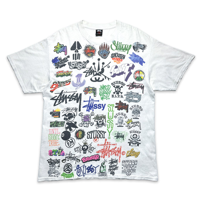 Tee-shirt Stüssy All Over Graphic Logos des années 1990 - Moyen / Grand
