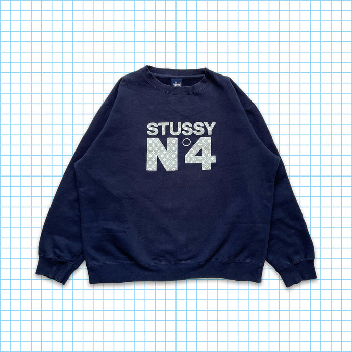 ヴィンテージ Stüssy スカル & クロスボーン モノグラム ミッドナイト ネイビー クルーネック - M / L